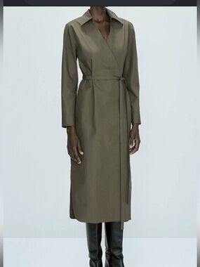 Massimo Dutti poplin Khaki Long-Sleeve Wrap Dress